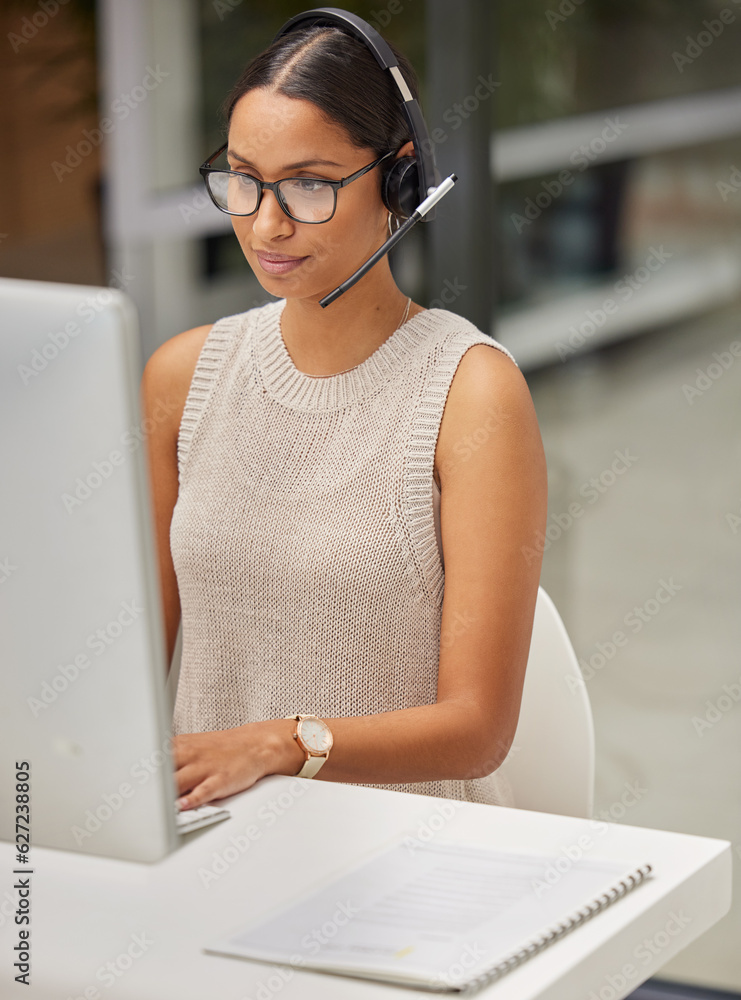 Poster business woman, call center and web support communication at a computer in a office. phone conversat