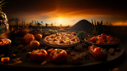 Pizza with pineapple slices in the desert, sunset. Hawaiian pizza with pineapple and tomatoes.