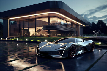 Obraz premium Luxury generic electric car parked outside modern minimalist design house