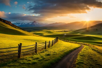 Picturesque landscape, fenced ranch at sunrise - obrazy, fototapety, plakaty