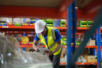 Worker working in large warehouse holding paper chart check list checking the material compare with the boxes wrapped with plastic keep on wooden pallet ready to ship to customer