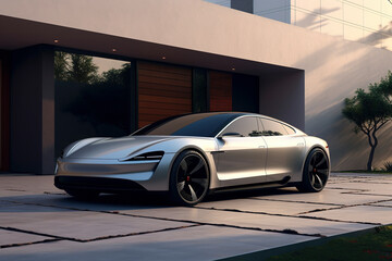 Fototapeta na wymiar Luxury generic electric car parked outside modern minimalist design house