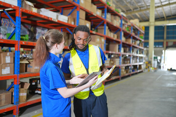 Worker working in large warehouse holding paper chart check list checking the material compare with...