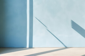 Fototapeta premium Minimal abstract light blue background for product presentation. Shadow and light from windows on plaster wall. Generative AI.
