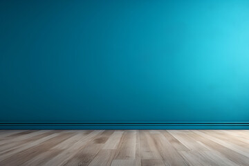 Blue turquoise empty wall and wooden floor with interesting with glare from the window. Interior background for the presentation. Generative AI.