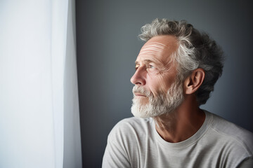 Thoughtful dreamy attractive middle aged man enjoying calm leisure time at home, looking away in deep thoughts with pensive face, dreaming, thinking over good future plans. Generative AI.