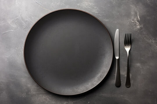 An empty black plate with cutlery on a dark concrete background. Home dinner cooking on stone table. Top view with copy space. Generative AI.