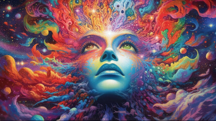 Trippy psychedelic painting showing the face of a woman emerging from an explosion of colors in outer space, spiritual awakening, consciousness expansion concept.