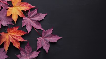 Autumn red leaves on blue purple texture background. Copy space. View from above. generative ai