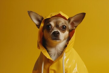 funny chihuahua dog posing in a yellow raincoat on a yellow background. raincoat for dogs .generative AI