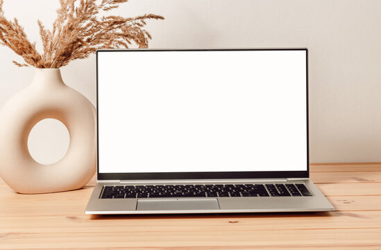Laptop mockup with white screen and vase with pampas grass on wooden table. Laptop aesthetic background for study, work, cozy home office, web site promotion, social media template, bohemian style
