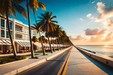 A sunny beachfront street in Miami, with palm trees. Generative AI - obrazy, fototapety, plakaty