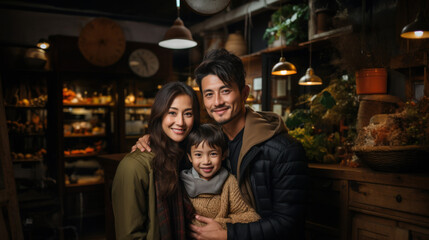 Fototapeta na wymiar Portrait of happy asian family standing together in a cafe.