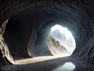 view from the huge stone cave to the beautiful landscapes of the waterfall .AI generated