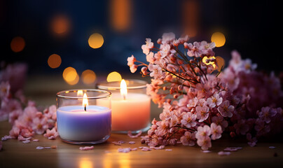 Obraz na płótnie Canvas Colorful dreamy candles on bokeh background on wooden table surrounded with pink flowers. Dreamy design,Candles against bokeh lights background for clean Spa, valentine, wedding theme. Love and Peace
