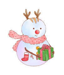 Hand drawn watercolor character of snowman