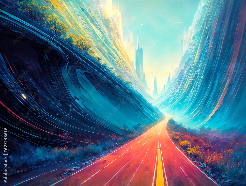Poster mysterious highway abstract colored clouds and lines around it .ai generated