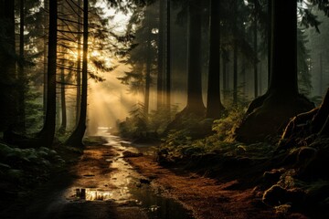 Naklejka premium rays of sunlight through the forest at dusk in a mystical and paranormal mist