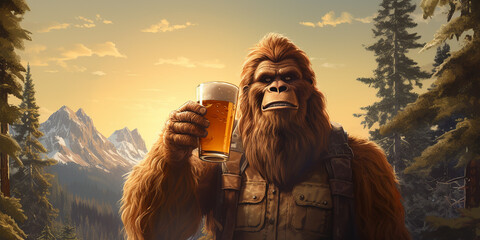 Sasquatch drinking a cold craft beer with scenic view. Generative AI