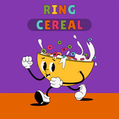 Yellow bowl for fruit cereal rings with milk. Cartoon cute character 