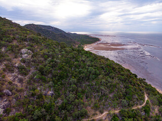 aerial drone panorama of cape pallarenda in townsville, north queensland, australia; remainings of forts in strategic defence location during the war near magnetic island