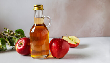 Healthy organic food. Apple cider vinegar in glass bottle and fresh red apples on a light background.
