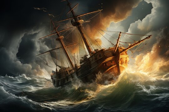 ship at sea in a terrifying and dramatic storm
