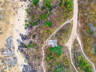 aerial drone panorama of cape pallarenda in townsville, north queensland, australia; remainings of...