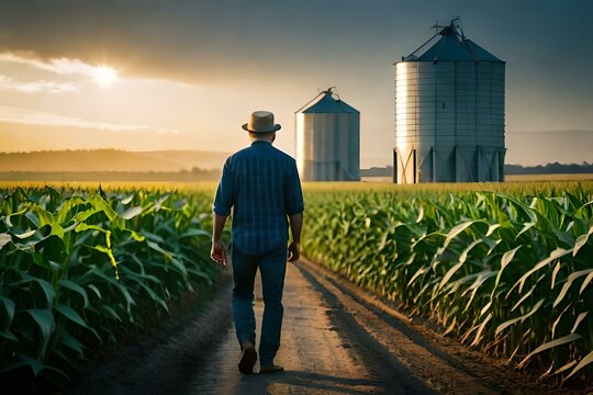 Farmer walking through corn field at dawn, grain silo in the distance, depicting rural life and agriculture. Generative AI