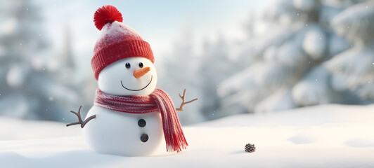 Smiling Snowman Standing Near Spruce Trees in Winter Scenery