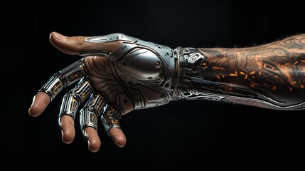 Cyborg hand finger pointing, technology of artificial intelligence. Steel futuristic arm, type of bionic arm with similar functions to a human arm isolated on white. with copy space, digital ai 