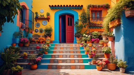 Fototapeta na wymiar Colorful vivid house with door