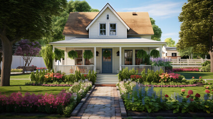 Fototapeta na wymiar Cute farmhouse exterior with front yard flowers