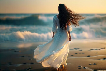 Beautiful slim woman with long flowing brown hair in white fluttering dress in the wind against the background of the sea at sunset. Back view. Generative AI
