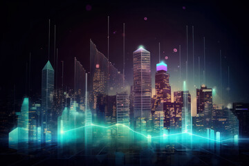 Abstract glowing and growing business graph hologram on blurry city buildings wallpaper. Planning and strategy, stock market and financial success concept. Generative AI