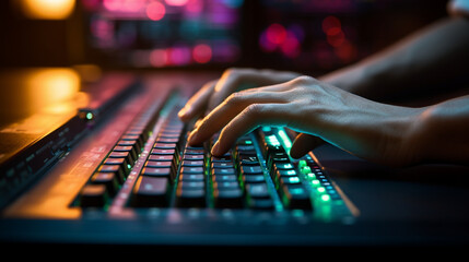 A visually stunning close-up of the programmer's hands typing on a sleek, backlit mechanical keyboard. Generative AI