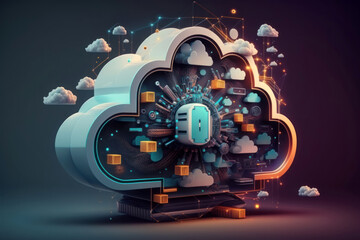 Cloud computing technology concept. Dark blue color. Futuristic illustration. Generative AI