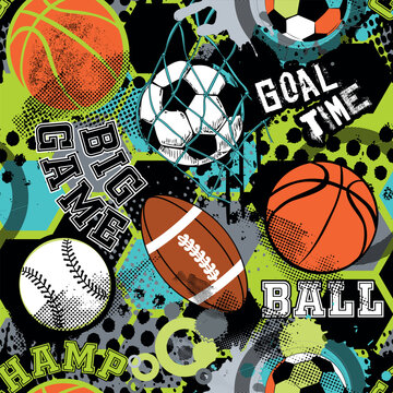 Seamless sport pattern with balls. Repeated backdrop for fashion clothes, t shirt, child, paper. Creative grunge design isolated on black