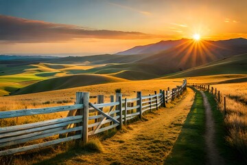 Picturesque landscape, fenced ranch at sunrise - obrazy, fototapety, plakaty