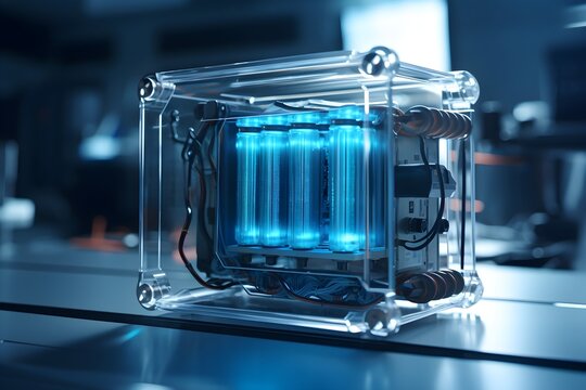 a close-up shot of a hydrogen fuel cell, demonstrating the technology used for clean, renewable energy production.