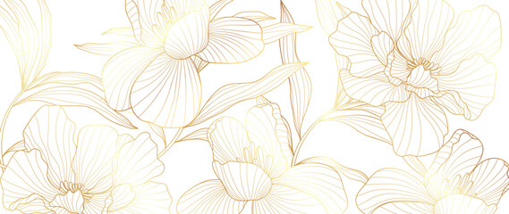 Luxury golden peony flower line art background vector. Natural botanical elegant flower with gold line art. Design illustration for decoration, wall decor, wallpaper, cover, banner, poster, card.  - obrazy, fototapety, plakaty