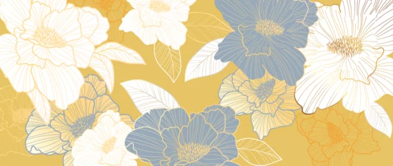 Poster Luxury golden peony flower line art background vector. Natural botanical elegant flower with gold line art. Design illustration for decoration, wall decor, wallpaper, cover, banner, poster, card.  © TWINS DESIGN STUDIO