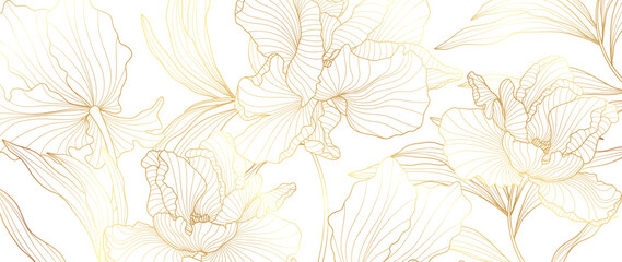 Luxury golden peony flower line art background vector. Natural botanical elegant flower with gold line art. Design illustration for decoration, wall decor, wallpaper, cover, banner, poster, card. 