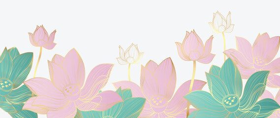 Luxury golden lotus flower line art background vector. Natural botanical elegant flower with gold line art. Design illustration for decoration, wall decor, wallpaper, cover, banner, poster, card. 