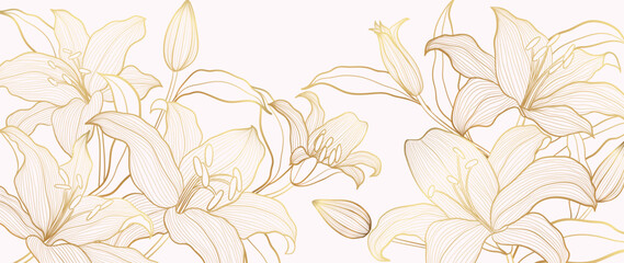 Fototapeta premium Luxury golden lily flower line art background vector. Natural botanical elegant flower with gold line art. Design illustration for decoration, wall decor, wallpaper, cover, banner, poster, card. 