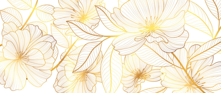 Luxury golden poppy flower line art background vector. Natural botanical elegant flower with gold line art. Design illustration for decoration, wall decor, wallpaper, cover, banner, poster, card. 