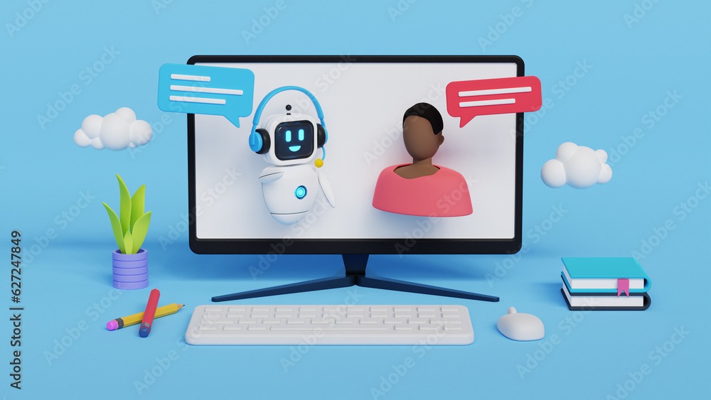 Poster chatbot robot providing online assistance, futuristic and realistic style. ai bot conversation with 