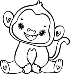 Cute baby monkey sitting delightful cartoon with doodle outline hand drawing.