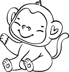 Cute baby monkey sitting, delightful cartoon with doodle outline hand drawing.