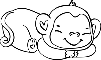 Cute innocence cheerful baby monkey in sleeping pose this delightful cartoon with doodle outline hand drawing.